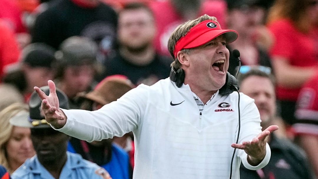 Georgia head coach Kirby Smart reacts on the sideline during the second half of an NCAA college football game against Georgia Tech, Saturday, Nov. 26, 2022, in Athens, Ga. Georgia faces Tennessee on Nov. 18, 2023. The two-time defending national champion Bulldogs will have faced only one team ranked in the preseason in No. 22 Ole Miss (Nov. 11) when they arrive the following Saturday at Neyland Stadium to face the Volunteers and more than 100,000 supporters.