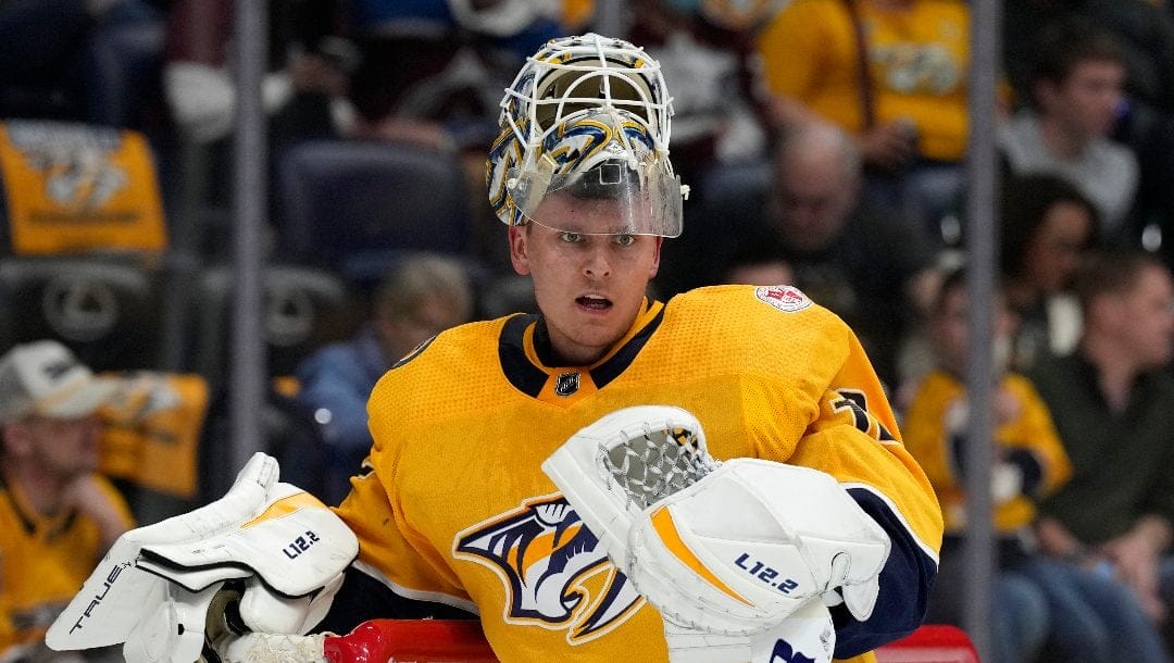 Nashville Predators goaltender Kevin Lankinen plays against the Colorado Avalanche during the first period of an NHL hockey game Friday, April 14, 2023, in Nashville, Tenn.