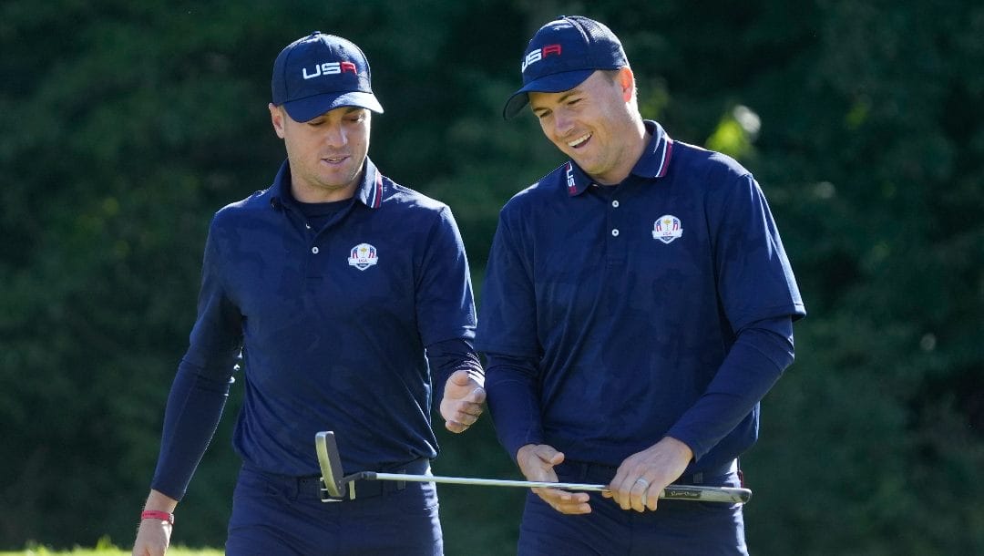 Team USA's Justin Thomas and Jordan Spieth react as they walk off the ninth green during a foursomes match at the Ryder Cup at the Whistling Straits Golf Course Saturday, Sept. 25, 2021, in Sheboygan, Wis. Thomas and Spieth were among six wild-card selections for the 2023 U.S. Ryder Cup team on Tuesday, Aug. 29, 2023.