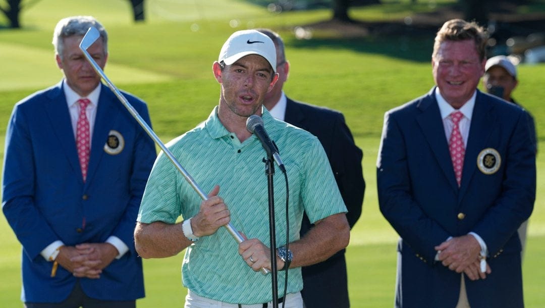 Rory McIlroy, of Northern Ireland, speaks after winning the final round of the Tour Championship golf tournament at East Lake Golf Club, Sunday, Aug. 28, 2022, in Atlanta.