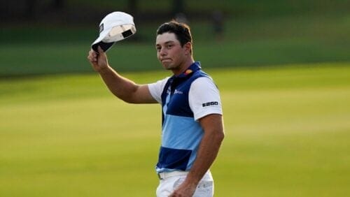 Viktor Hovland, of Norway, celebrates winning the Tour Championship golf tournament, Sunday, Aug. 27, 2023, in Atlanta.