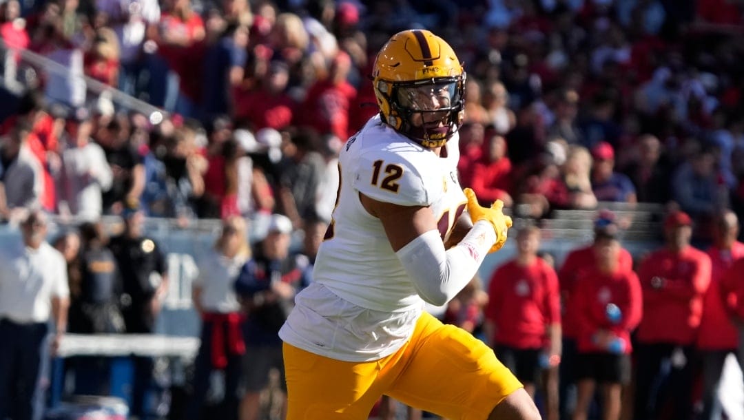 Arizona State tight end Jalin Conyers (12) in the first half during an NCAA college football game against Arizona, Friday, Nov. 25, 2022, in Tucson, Ariz. (AP Photo/Rick Scuteri)