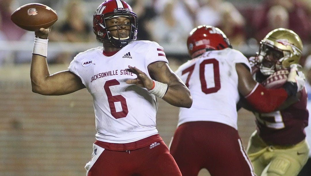 Jacksonville State quarterback Zerrick Cooper (6) throws in the fourth quarter of an NCAA college football game against Florida State Saturday, Sept. 11, 2021, in Tallahassee, Fla. Jacksonville State won 20-17.