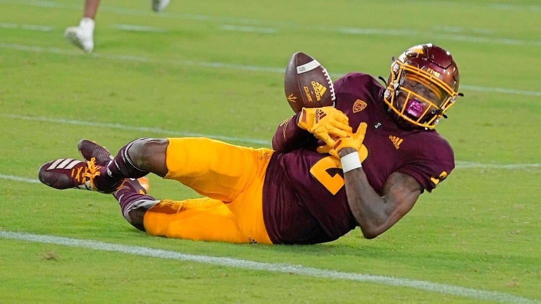 Arizona State's Elijah Badger (2) drops a ball near the goal line, against Eastern Michigan during the second half of an NCAA college football game Saturday, Sept. 17, 2022, in Tempe, Ariz. (AP Photo/Darryl Webb)
