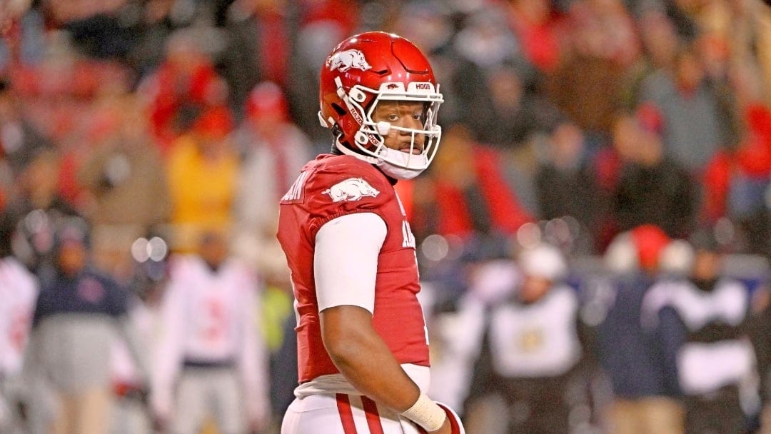 Arkansas quarterback KJ Jefferson (1) gets ready to run a play against Mississippi during an NCAA college football game Saturday, Nov. 19, 2022, in Fayetteville, Ark. (AP Photo/Michael Woods)