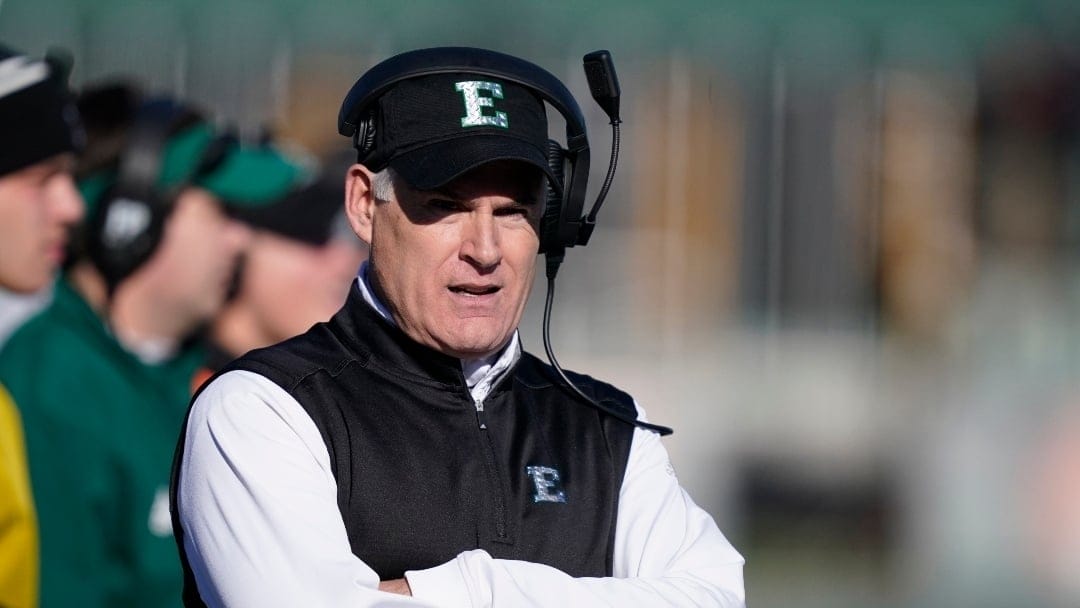 Eastern Michigan head coach Chris Creighton watches from the sideline during the first half of an NCAA college football game against Central Michigan, Friday, Nov. 25, 2022, in Ypsilanti, Mich. (AP Photo/Carlos Osorio)