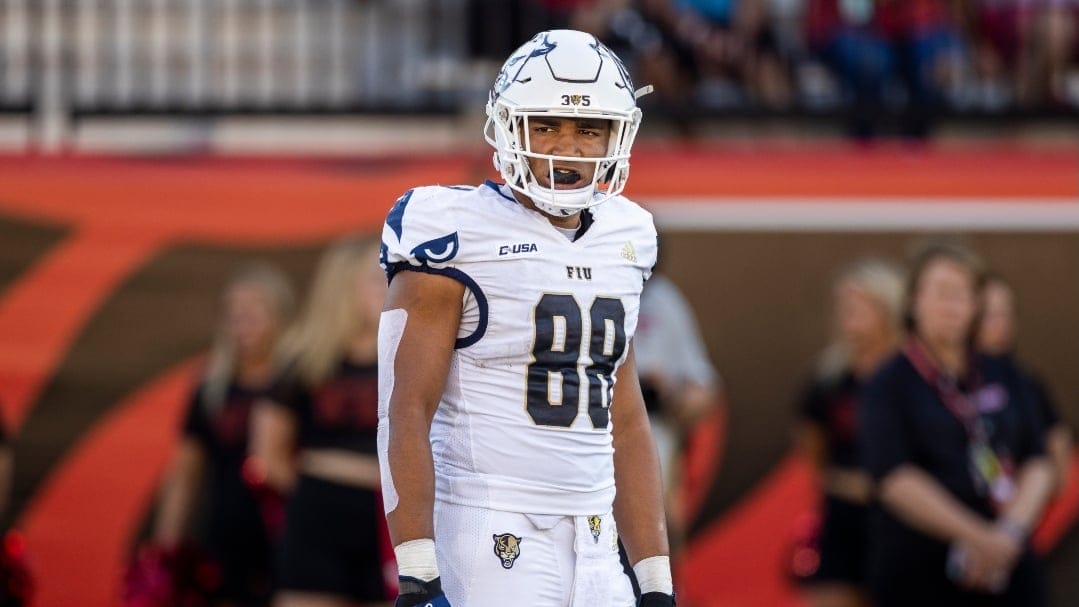 FIU tight end Josiah Miamen lines up for a play during an NCAA football game between Western Kentucky University and Florida International University on Saturday, Sept. 24, 2022, in Bowling Green, Ky. WKU beat FIU 73-0.