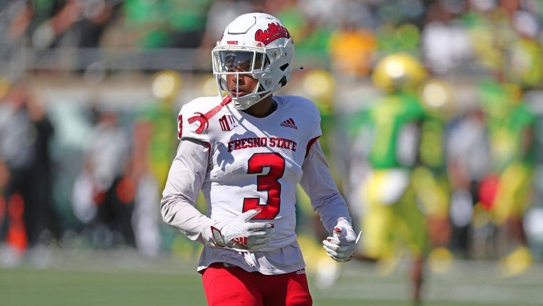 Fresno State wide receiver Erik Brooks (3) plays during the second half of an NCAA football game against Oregon on Saturday, Sept. 4, 2021, in Eugene, Ore.