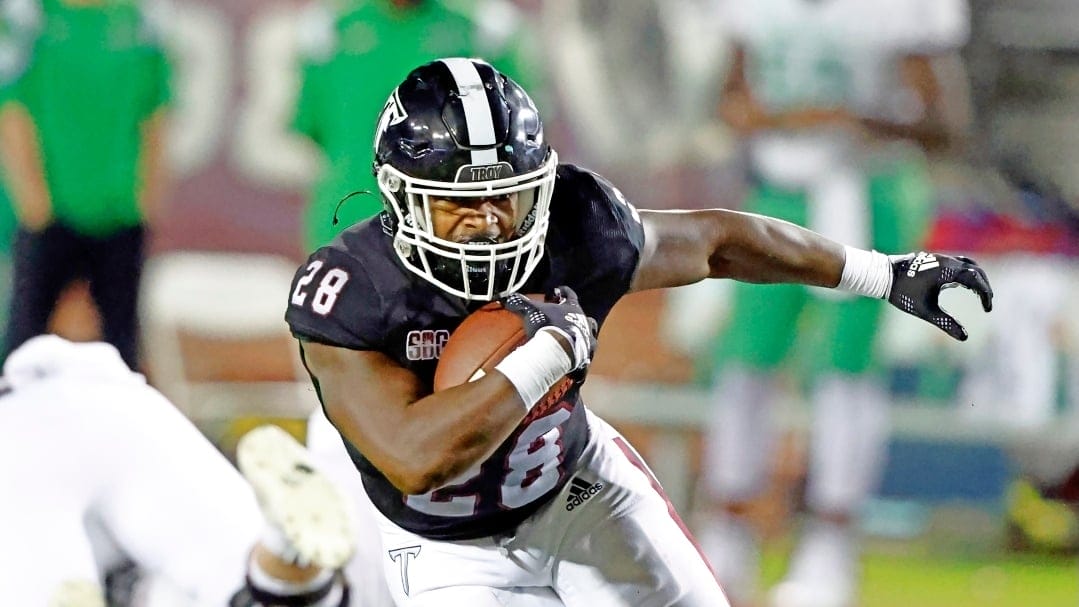 Troy running back Kimani Vidal (28) carries the ball against Marshall during an NCAA football game on Saturday, Sept. 24, 2022 in Troy, Ala. (AP Photo/Butch Dill)