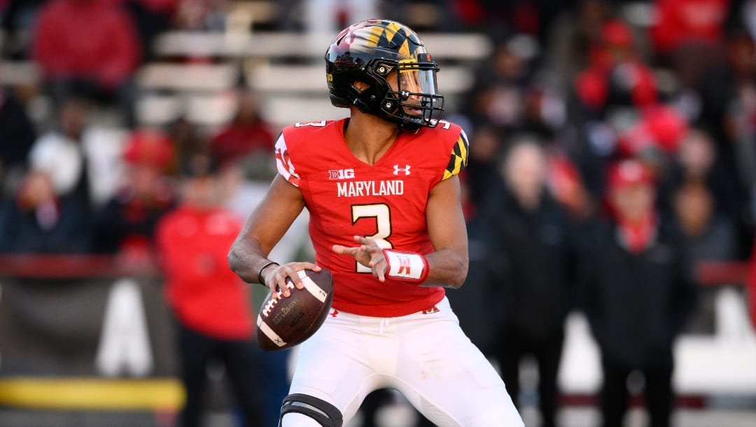 Maryland quarterback Taulia Tagovailoa (3) in action during the second half of an NCAA college football game against Rutgers, Saturday, Nov. 26, 2022, in College Park, Md. Maryland won 37-0. (AP Photo/Nick Wass)