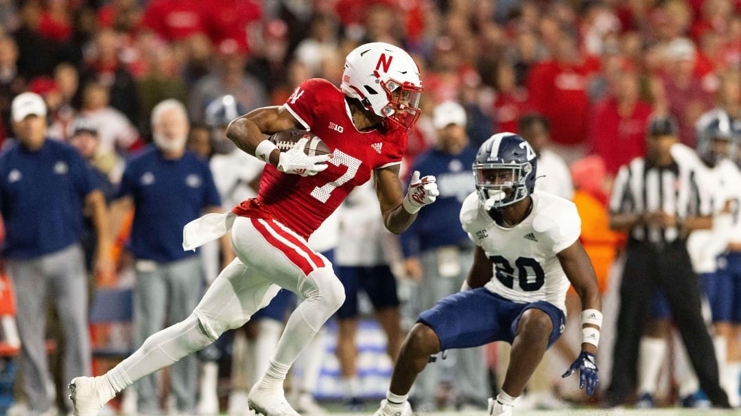 Nebraska wide receiver Marcus Washington (7) carries the ball following a reception against Georgia Southern during the second half of an NCAA college football game Saturday, Sept. 10, 2022, in Lincoln, Neb. Georgia Southern defeated Nebraska 45-42. (AP Photo/Rebecca S. Gratz)