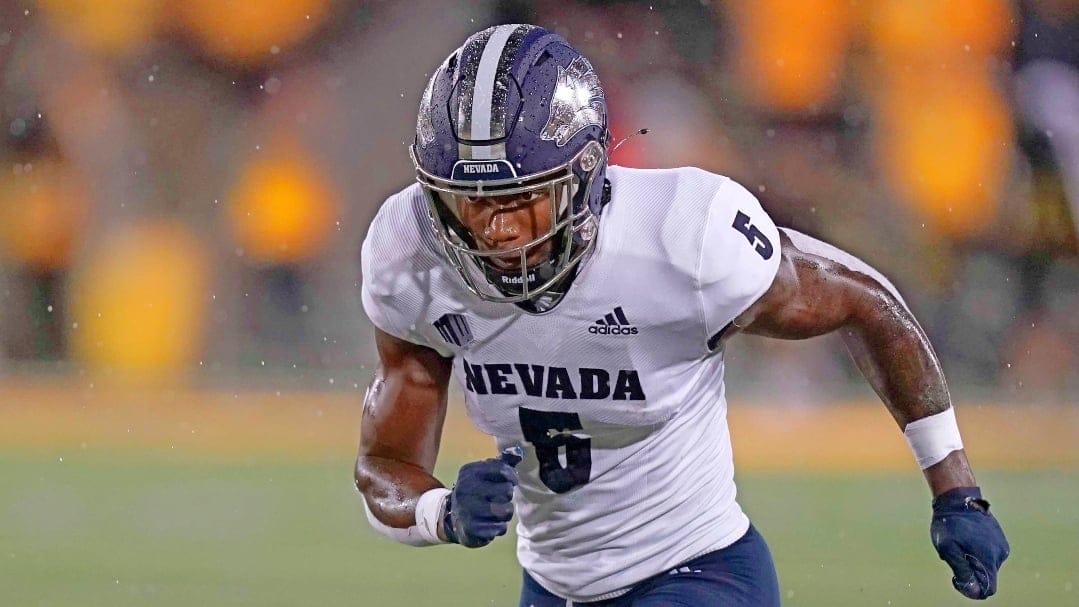Nevada wide receiver Dalevon Campbell (5) runs up field during the second half of an NCAA college football game against Iowa, Saturday, Sept. 17, 2022, in Iowa City, Iowa. (AP Photo/Charlie Neibergall)