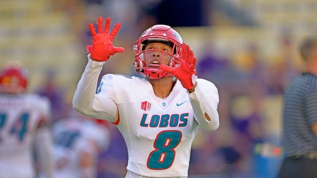 New Mexico cornerback Donte Martin (8) catches during an NCAA football game against LSU on Saturday, Sept. 24, 2022, in New Orleans. (AP Photo/Matthew Hinton)