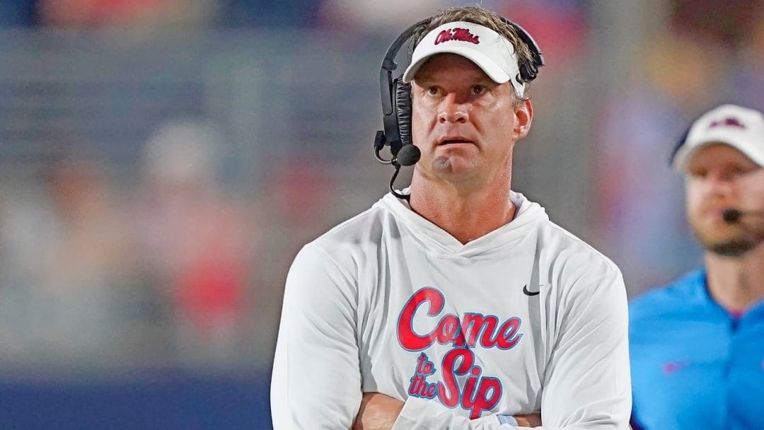 Mississippi coach Lane Kiffin watches a play on the video board during the second half of the team's NCAA college football game against Central Arkansas in Oxford, Miss., Saturday, Sept. 10, 2022. (AP Photo/Rogelio V. Solis)