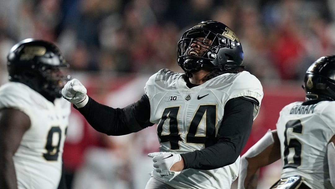 Purdue defensive end Kydran Jenkins (44) reacts during the second half of an NCAA college football game against Indiana, Saturday, Nov. 26, 2022, in Bloomington, Ind. (AP Photo/Darron Cummings)