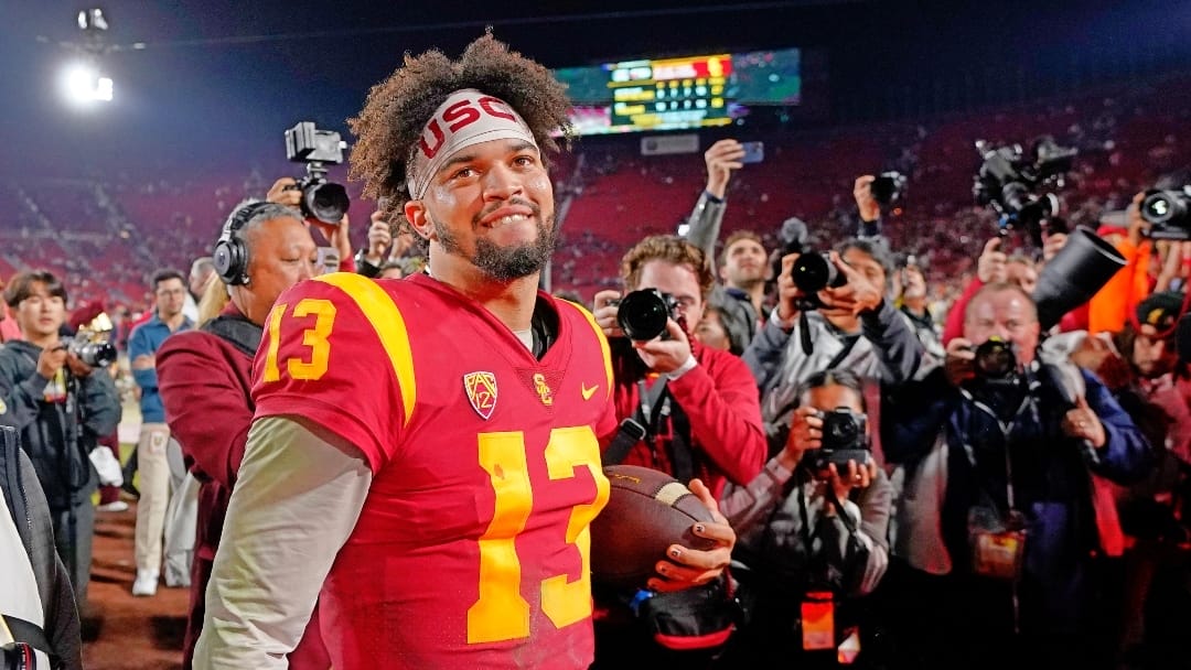 Southern California quarterback Caleb Williams smiles after USC defeated Notre Dame 38-27 an NCAA college football game Saturday, Nov. 26, 2022, in Los Angeles.