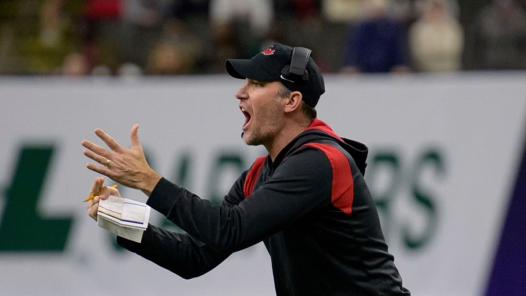 Western Kentucky head coach Tyson Helton yells to his players during the New Orleans Bowl NCAA football game against South Alabama in New Orleans, Wednesday, Dec. 21, 2022. (AP Photo/Matthew Hinton)