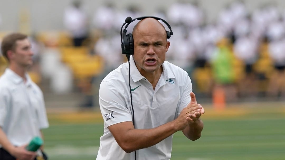 Baylor head coach Dave Aranda yells from the sideline during the first half of an NCAA college football game against Albany in Waco, Texas, Saturday, Sept. 3, 2022. (AP Photo/LM Otero)