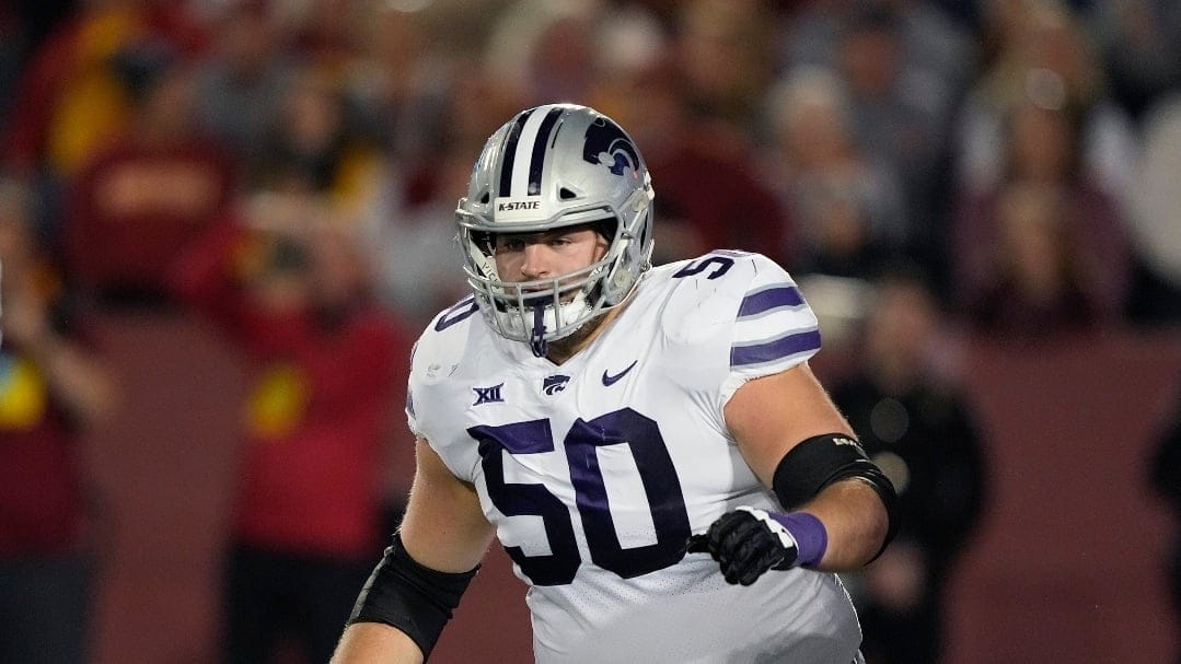 Kansas State offensive lineman Cooper Beebe (50) during the first half of an NCAA college football game, Saturday, Oct. 8, 2022, in Ames, Iowa. Kansas State won 10-9. (AP Photo/Matthew Putney)