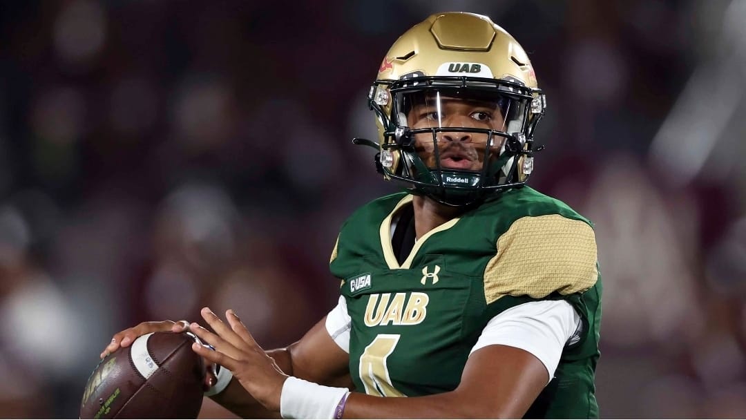 UAB quarterback Jacob Zeno (4) throws a pass against Alabama A&M during an NCAA football game Thursday, Sept. 1, 2022, in Birmingham, Ala. (AP Photo/Butch Dill)