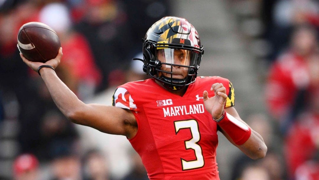 Maryland quarterback Taulia Tagovailoa (3) in action during the first half of an NCAA college football game against Ohio State, Saturday, Nov. 19, 2022, in College Park, Md. (AP Photo/Nick Wass)