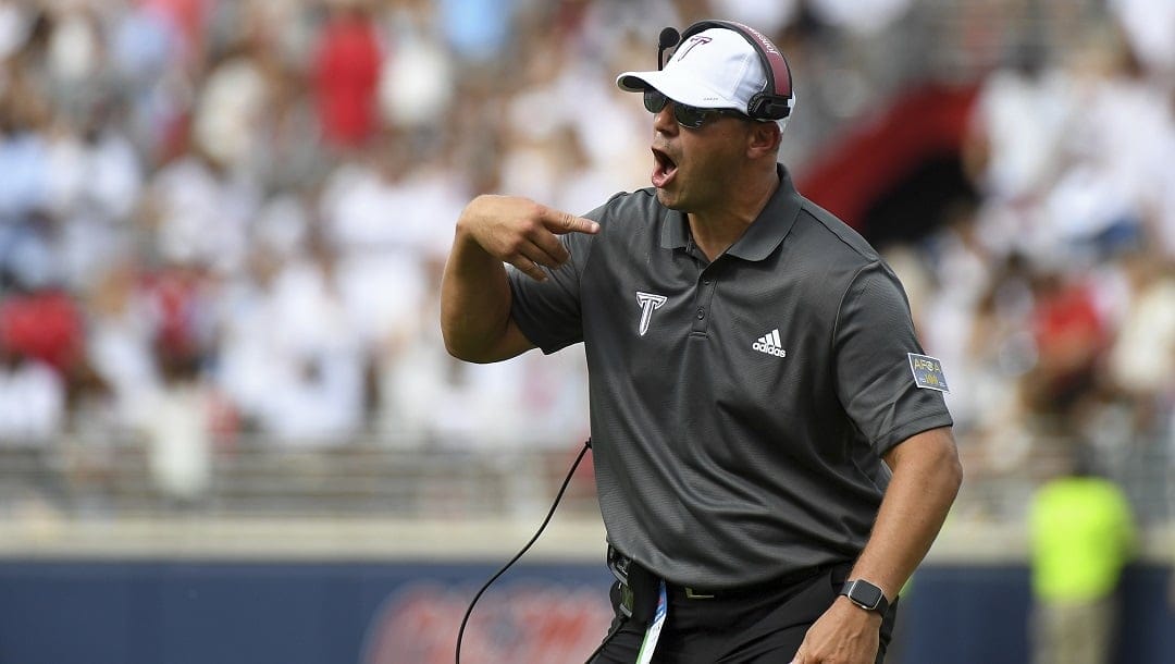 Troy head coach Jon Sumrall reacts during the first half an NCAA college football game against Mississippi in Oxford, Miss., Saturday, Sept. 3, 2022. Troy opens their season at home against Stephen F. Austin on Sept. 2.