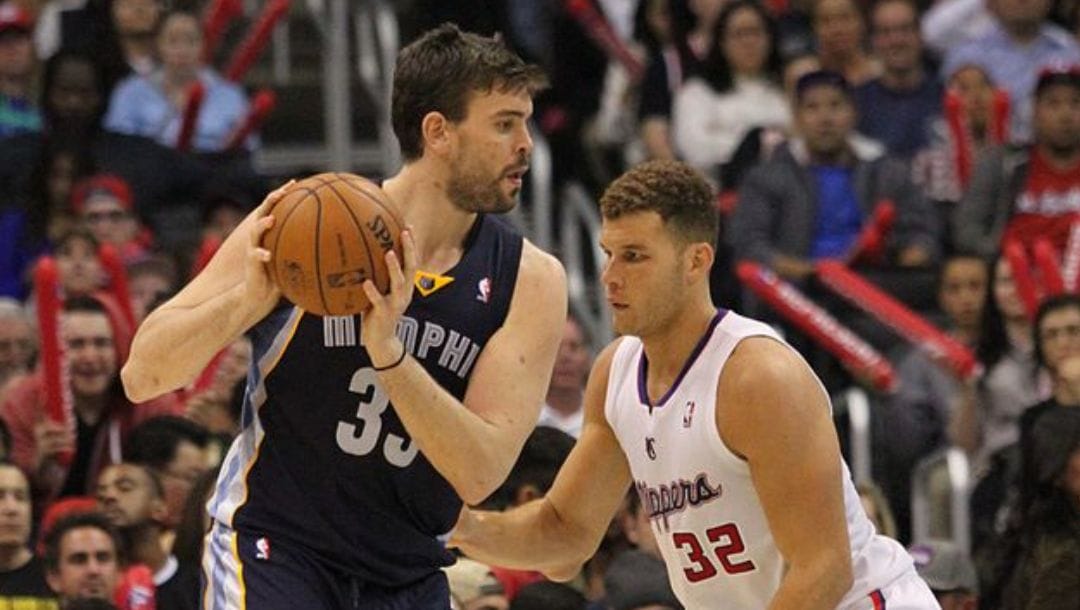 Marc Gasol of the Memphis Grizzlies and Blake Griffin of the Los Angeles Clippers during an NBA game in November 2013.