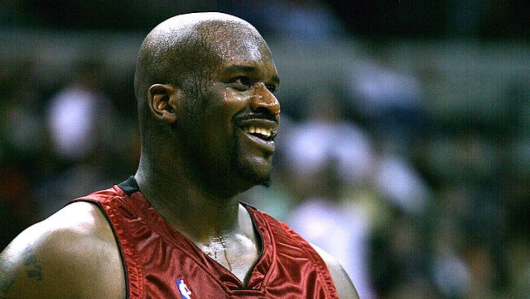 Shaquille O’Neal of the Miami Heat smiling during an NBA game in February 2007.