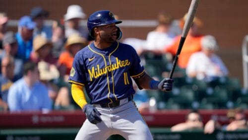 Milwaukee Brewers' Jackson Chourio hits against the San Francisco Giants during the first inning of a spring training baseball game, Tuesday, March 5, 2024, in Scottsdale, Ariz.