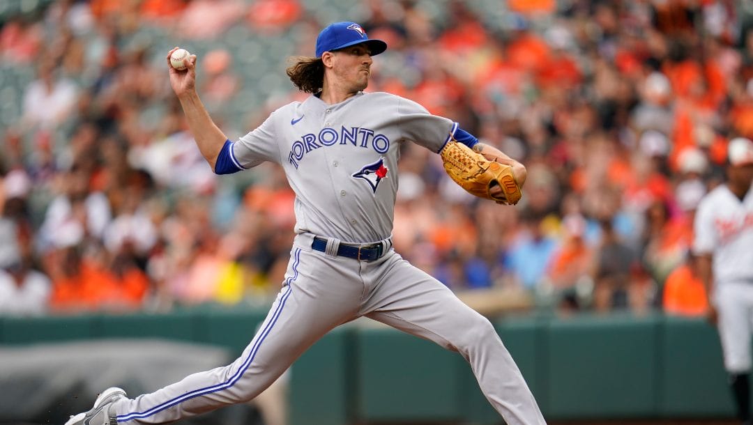 Toronto Blue Jays starting pitcher Kevin Gausman throws a pitch to the Baltimore Orioles during the third inning of the first game of a baseball doubleheader, Monday, Sept. 5, 2022, in Baltimore.