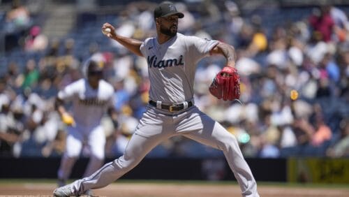 Miami Marlins starting pitcher Sandy Alcantara works against a San Diego Padres batter during the first inning of a baseball game Wednesday, Aug. 23, 2023, in San Diego.