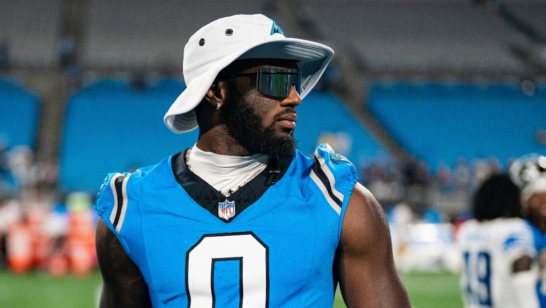 Carolina Panthers linebacker Brian Burns (0) looks on after a preseason NFL football game against the Detroit Lions Friday, Aug. 25, 2023, in Charlotte, N.C. (AP Photo/Jacob Kupferman)