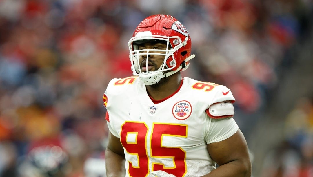 Kansas City Chiefs defensive tackle Chris Jones (95) during an NFL football game against the Houston Texans on Sunday, December 18, 2022, in Houston. (AP Photo/Matt Patterson)
