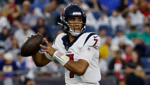 Houston Texans quarterback C.J. Stroud drops back to pass against the New England Patriots during an NFL preseason football game at Gillette Stadium, Thursday, Aug. 10, 2023 in Foxborough, Mass. (Winslow Townson/AP Images for Panini)