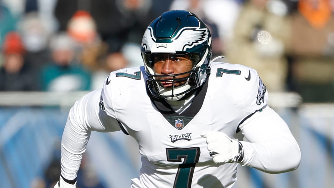 Philadelphia Eagles linebacker Haason Reddick (7) defends during the first half of an NFL football game against the Chicago Bears, Sunday, Dec. 18, 2022, in Chicago. (AP Photo/Kamil Krzaczynski)