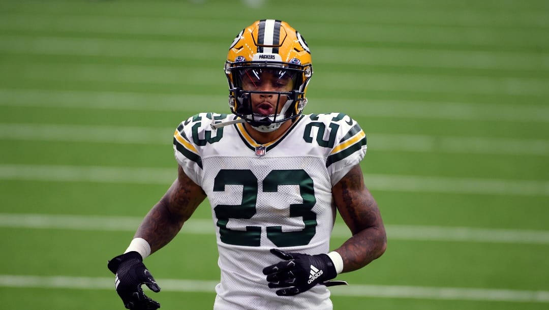 FILE -Green Bay Packers cornerback Jaire Alexander before the start of the second half of an NFL football game against the Houston Texans Sunday, Oct. 25, 2020, in Houston. Green Bay Packers cornerback Jaire Alexander got some early evidence that second-year receivers Romeo Doubs and Christian Watson will make major strides this season. Doubs beat Alexander for a catch on a red-zone drill Tuesday, June 13, 2023 during the first day of the Packers’ mandatory minicamp. (AP Photo/Eric Christian Smith, File)