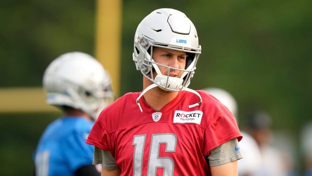 Detroit Lions quarterback Jared Goff is seen during an NFL football practice, Wednesday, Aug. 2, 2023, in Allen Park, Mich. (AP Photo/Carlos Osorio)