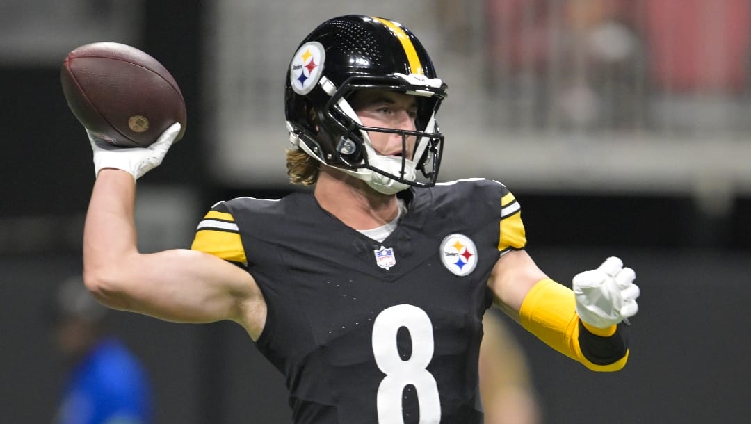 Pittsburgh Steelers quarterback Kenny Pickett passes against the Atlanta Falcons during the first half of a preseason NFL football game Thursday, Aug. 24, 2023, in Atlanta. (AP Photo/Hakim Wright)
