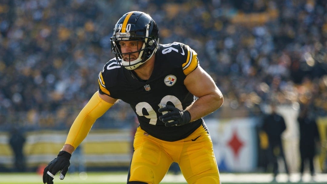 Pittsburgh Steelers linebacker T.J. Watt (90) defends during an NFL football game, Sunday, Jan. 8, 2023, in Pittsburgh, PA.