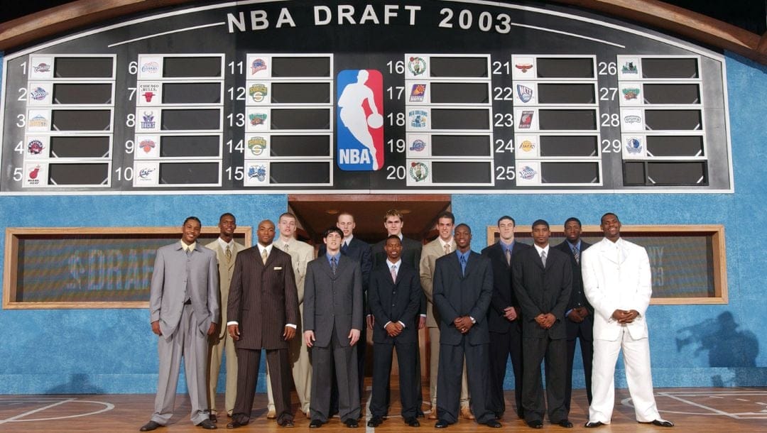 (L to R) Carmelo Anthony, Chris Bosh, Jarvis Hayes, Maciej Lampe, Kirk Hinrich, Chris Kaman, T.J. Ford, Darko Milicic.