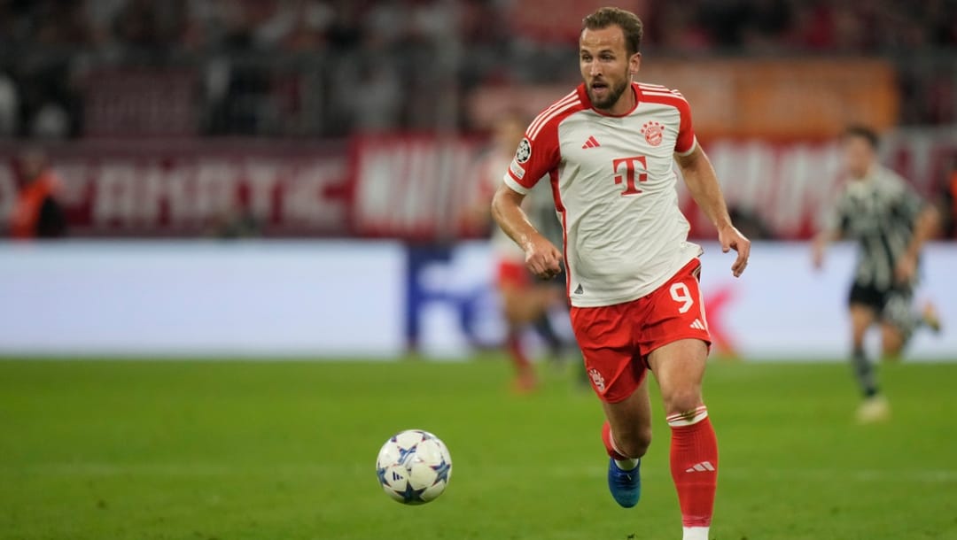 Bayern's Harry Kane is in action during the Champions League group A soccer match between Bayern Munich and Manchester United at the Allianz Arena stadium in Munich, Germany, Wednesday, Sept. 20, 2023.