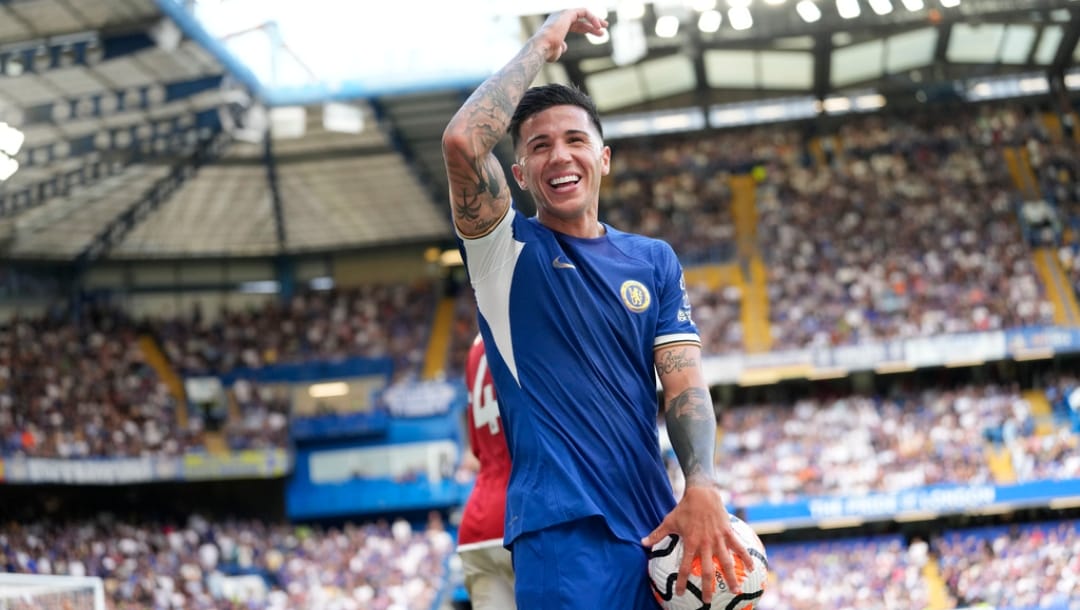 Chelsea's Enzo Fernandez smiles during the English Premier League soccer match between Chelsea and Nottingham Forest at Stamford Bridge stadium in London, Saturday, Sept. 2, 2023.