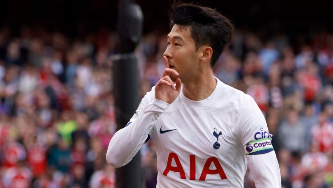 Tottenham's Son Heung-min gestures after scoring his side's second goal during the English Premier League soccer match between Arsenal and Tottenham Hotspur at Emirates stadium in London, England, Sunday, Sept. 24, 2023.