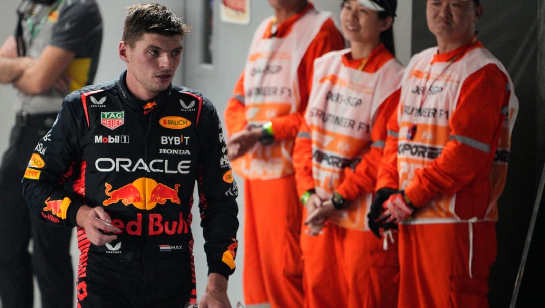 Red Bull driver Max Verstappen of the Netherlands reacts following the Singapore Formula One Grand Prix at the Marina Bay circuit, Singapore,Sunday, Sept. 17, 2023.