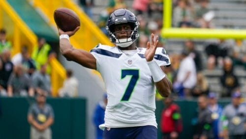 Seattle Seahawks quarterback Geno Smith (7) warms up before a preseason NFL football game against the Green Bay Packers, Saturday, Aug. 26, 2023, in Green Bay, Wis.