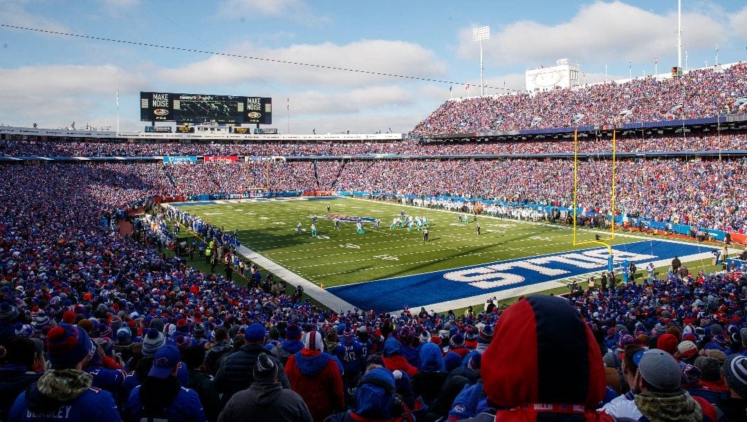 A general view shows Highmark Stadium during an NFL wild-card football game Sunday, Jan. 15, 2023, in Orchard Park, NY.