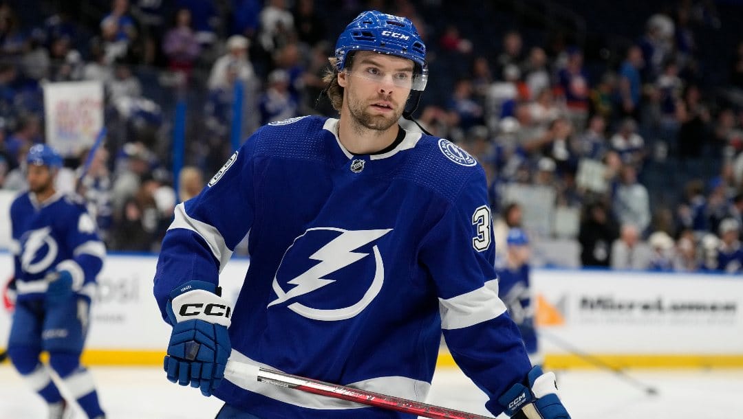 Tampa Bay Lightning left wing Brandon Hagel (38) skates before an NHL hockey game against the New York Islanders Saturday, April 1, 2023, in Tampa, Fla. The Tampa Bay Lightning have signed forward Brandon Hagel, Tuesday, Aug. 22, to an eight-year extension worth $52 million.