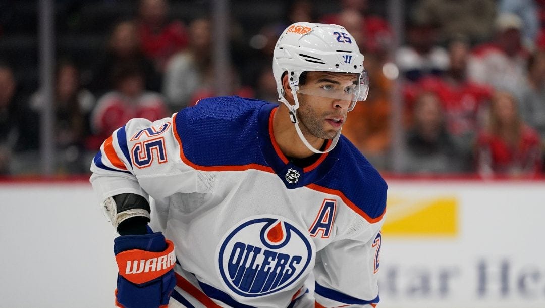 Edmonton Oilers defenseman Darnell Nurse skates in the first period of an NHL hockey game against the Washington Capitals, Monday, Nov. 7, 2022, in Washington. Early in his time in the NHL, Darnell Nurse says he did not notice a lot of players talking about what to do after hockey. Going into his ninth season, the chatter is now normal.