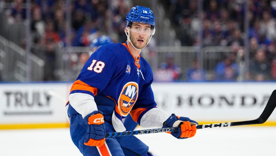 New York Islanders' Pierre Engvall (18) during the first period of Game 6 of an NHL hockey Stanley Cup first-round playoff series against the Carolina Hurricanes Friday, April 28, 2023, in Elmont, N.Y.