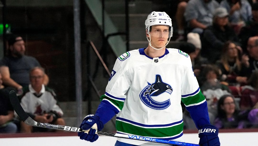 Vancouver Canucks defenseman Tyler Myers (57) in the first period during an NHL hockey game against the Arizona Coyotes, Thursday, April 13, 2023, in Tempe, Ariz.